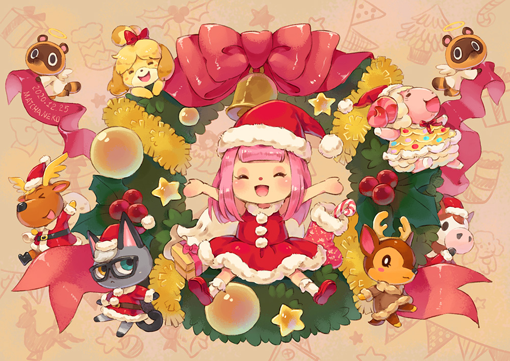 >_<, 3girls, 6+boys, :<, :d, ^_^, angel, angel_wings, animal_crossing, animal_crossing:_new_horizons, antlers, arm_up, arms_up, artist_name, bell, belt, belt_buckle, black-framed_eyewear, black_belt, black_footwear, blonde_hair, blue_eyes, blunt_bangs, blush, blush_stickers, bobby_socks, boots, bow, box, brown_background, brown_coat, buckle, candy, candy_cane, cat_boy, christmas, christmas_stocking, christmas_wreath, closed_eyes, closed_mouth, coat, commentary, curled_horns, dated, deer_boy, deer_girl, dog_girl, dom_(animal_crossing), dress, english_commentary, eyelashes, fake_antlers, fauna_(animal_crossing), food, fur-trimmed_coat, fur-trimmed_dress, fur-trimmed_headwear, fur-trimmed_sleeves, fur_trim, furry, furry_female, gift, gift_box, glasses, hair_bow, halo, hat, heterochromia, hime_cut, holly, horns, horse_boy, isabelle_(animal_crossing), jingle_(animal_crossing), long_hair, long_sleeves, looking_at_viewer, matchaneko, multiple_boys, multiple_girls, nintendo, open_mouth, papi_(animal_crossing), pink_hair, pink_horns, pom_pom_(clothes), raccoon_boy, raymond_(animal_crossing), red_bow, red_coat, red_dress, red_eyes, red_footwear, red_headwear, red_ribbon, reindeer_antlers, ribbon, robe, sack, santa_costume, santa_hat, sheep_boy, sheep_horns, shoes, sidelocks, simple_background, smile, socks, star_(symbol), timmy_(animal_crossing), tommy_(animal_crossing), topknot, tree, villager_(animal_crossing), white_robe, white_socks, white_wings, wings, wreath