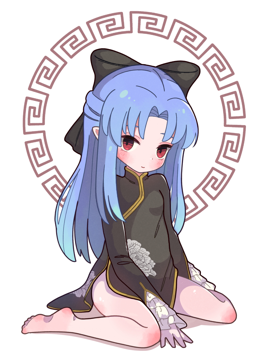 1girl, absurdres, barefoot, black_bow, black_dress, bow, china_dress, chinese_clothes, closed_mouth, commission, dress, highres, knee_blush, kneeling, len_(tsukihime), long_hair, long_sleeves, noto_(user_dajk3722), pointy_ears, red_eyes, simple_background, skeb_commission, solo, tsukihime, white_background