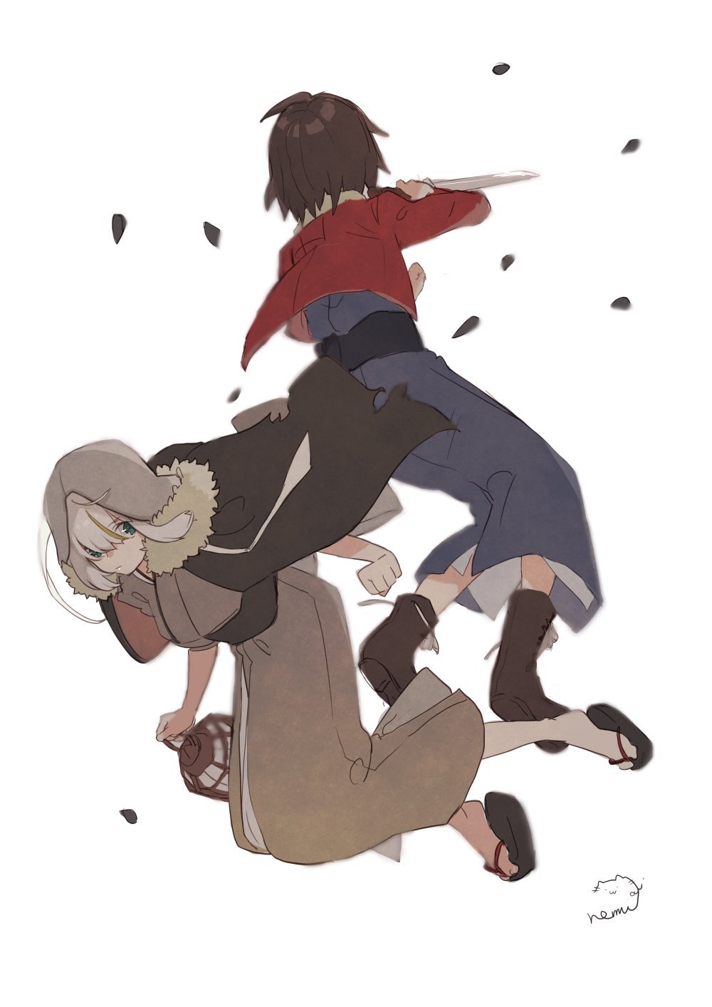 2girls, birdcage, black_jacket, blue_kimono, blunt_bangs, boots, brown_footwear, brown_hair