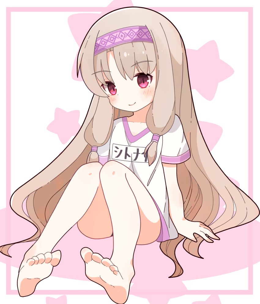 1girl, absurdres, barefoot, blush, brown_hair, closed_mouth, clothes_writing, collarbone