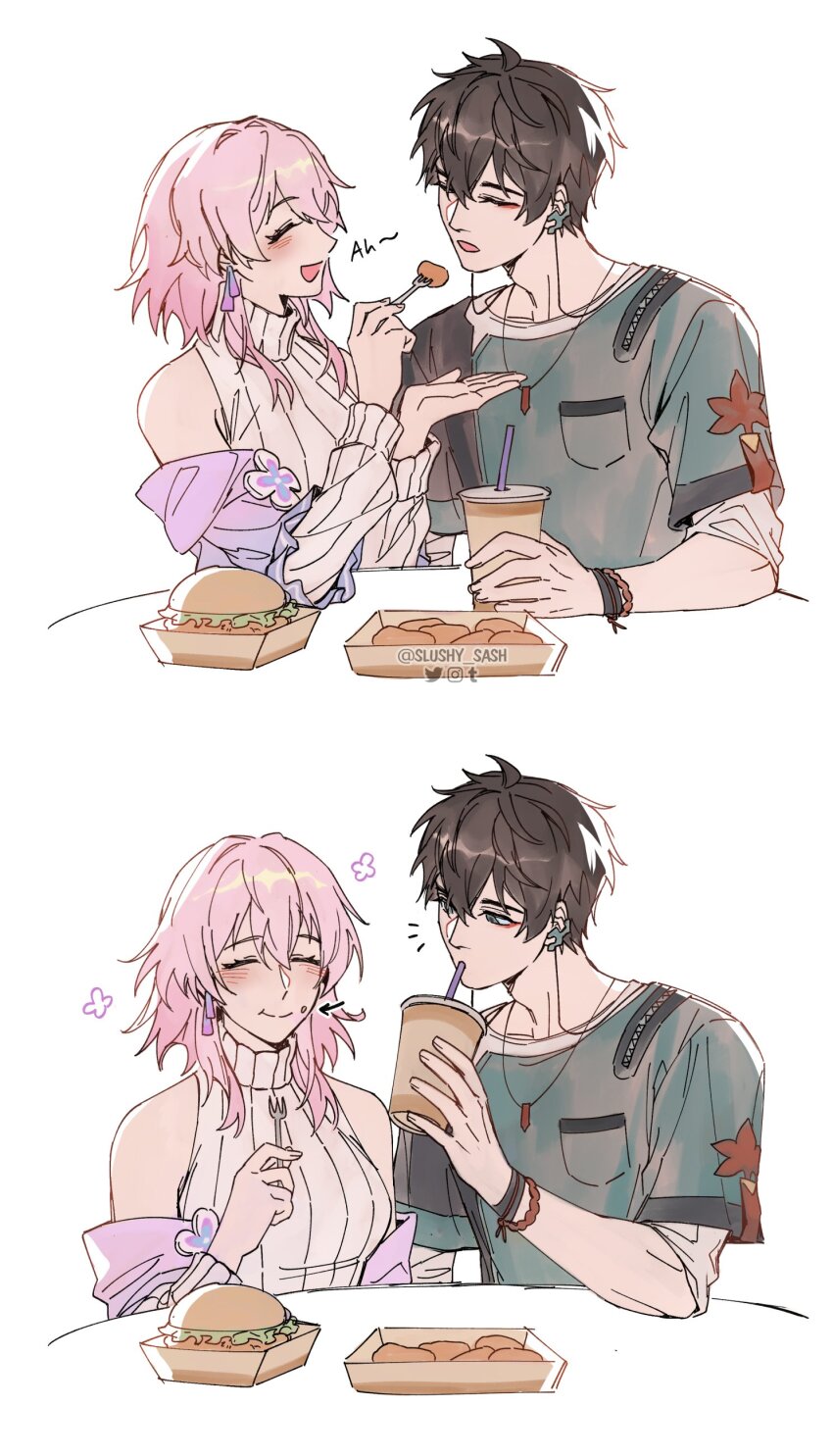 1boy, 1girl, absurdres, alternate_costume, bare_shoulders, black_hair, breasts, chicken_nuggets