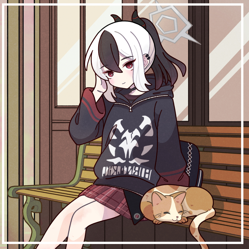 1girl, absurdres, animal, black_choker, black_horns, black_sweater, blue_archive, bright_pupils