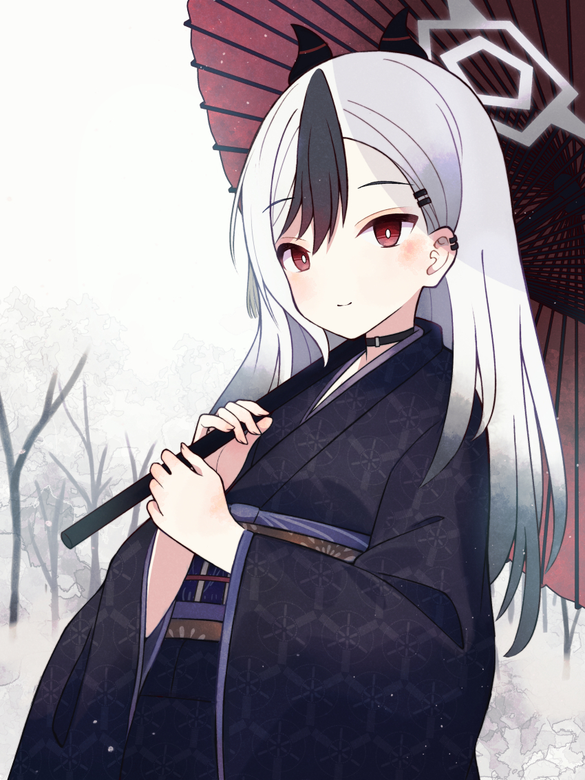 1girl, absurdres, bare_tree, black_horns, black_kimono, blue_archive, bright_pupils, choker