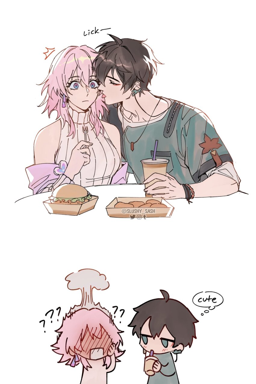 1boy, 1girl, ?, alternate_costume, bare_shoulders, black_hair, blue_eyes, blush