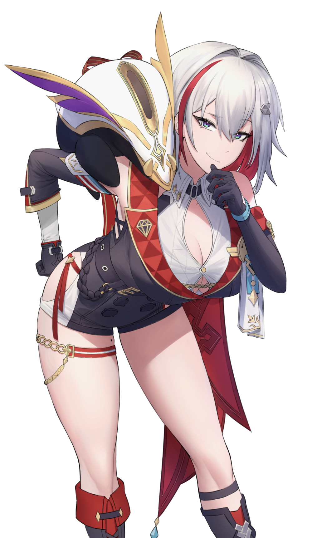 1girl, animal, animal_on_shoulder, bare_shoulders, black_gloves, black_shirt, blue_eyes, breasts