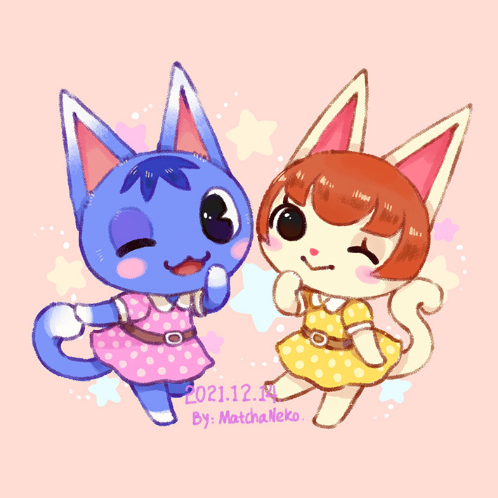2girls, ;>, ;d, animal_crossing, artist_name, belt, belt_buckle, black_eyes