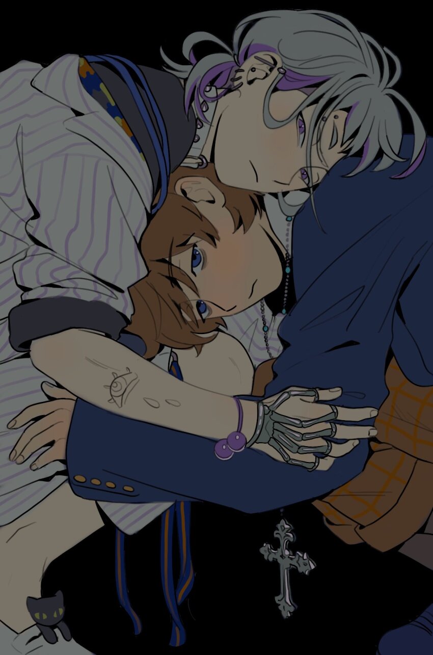 2boys, ando_shiki, arm_tattoo, bags_under_eyes, barbell_piercing, black_background, blue_eyes, brown_hair