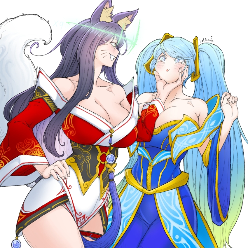 2girls, ahri_(league_of_legends), animal_ears, aura, bare_shoulders, black_hair, blonde_hair, blue_dress