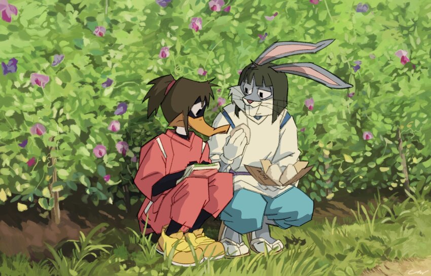 2boys, animal_ears, bob_cut, brown_hair, bugs_bunny, commentary, cosplay, daffy_duck, english_commentary, flower, food, grass, haku_(sen_to_chihiro_no_kamikakushi), haku_(sen_to_chihiro_no_kamikakushi)_(cosplay), highres, holding, holding_food, japanese_clothes, long_sleeves, looking_at_another, looney_tunes, lumise05, multiple_boys, ogino_chihiro, ogino_chihiro_(cosplay), outdoors, ponytail, rabbit_ears, sen_to_chihiro_no_kamikakushi, short_hair, squatting