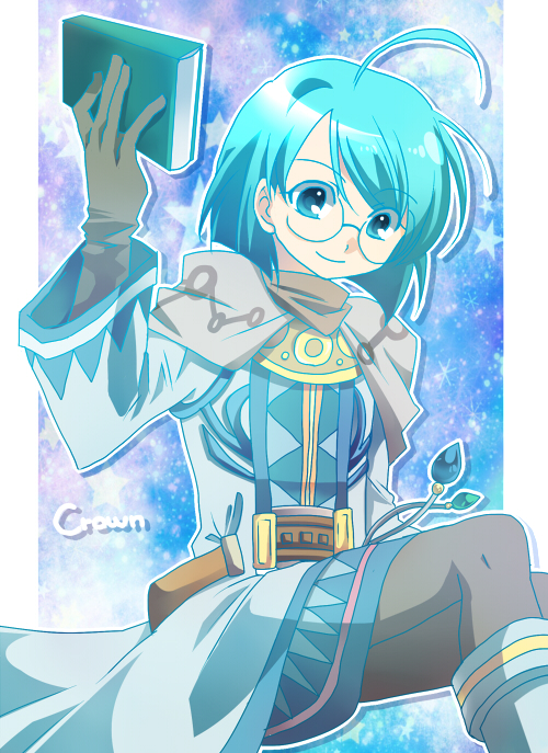 1boy, androgynous, blue_hair, glasses, golden_sun, golden_sun:_dark_dawn, male_focus, pantyhose, rief_(golden_sun), robe, short_hair, solo, zhu_(c-liberty)
