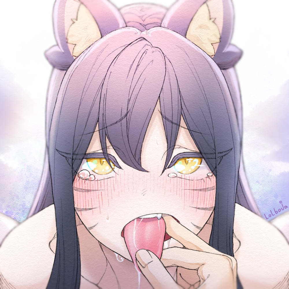 1girl, ahri_(league_of_legends), animal_ears, artist_name, bare_shoulders, black_hair, blush, facial_mark