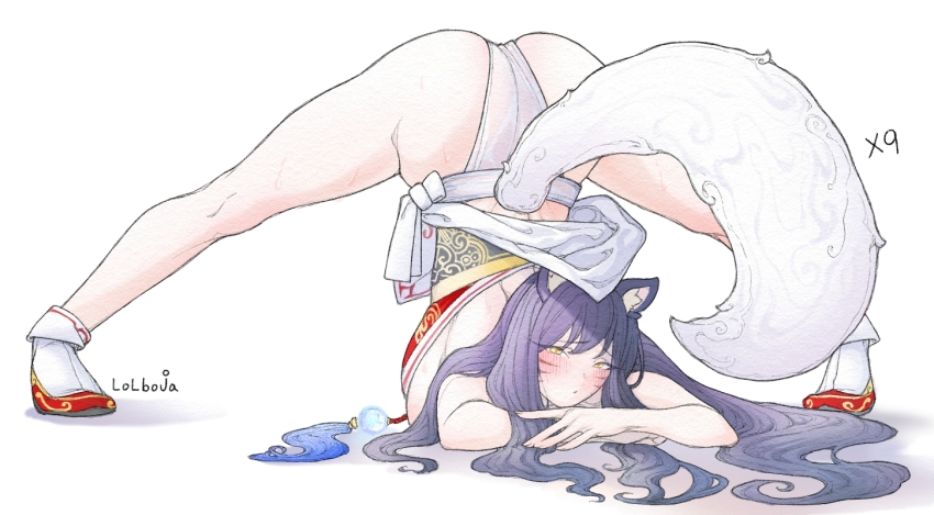 1girl, ahri_(league_of_legends), animal_ears, arched_back, arm_rest, artist_name, ass, blush