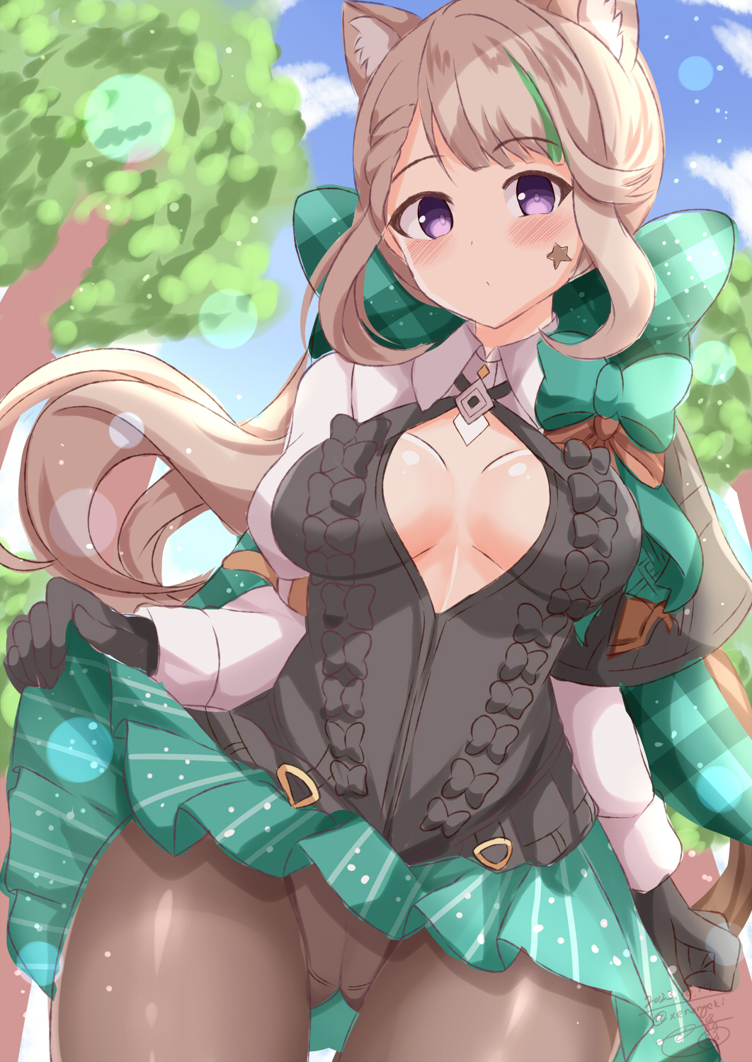 1girl, animal_ear_fluff, animal_ears, black_gloves, black_vest, blue_sky, blush, bow, braid, braided_bangs, breasts, breasts_apart, brown_hair, brown_pantyhose, cameltoe, closed_mouth, clothes_lift, cloud, collared_shirt, commentary_request, day, facial_mark, genshin_impact, gloves, green_bow, green_hair, green_skirt, highres, juliet_sleeves, lifting_own_clothes, long_sleeves, lynette_(genshin_impact), medium_breasts, multicolored_hair, outdoors, panties, panties_under_pantyhose, pantyhose, pleated_skirt, puffy_sleeves, purple_eyes, shirt, skirt, skirt_lift, sky, solo, star_(symbol), streaked_hair, tree, underwear, vest, white_panties, white_shirt, xenon_(for_achieve)