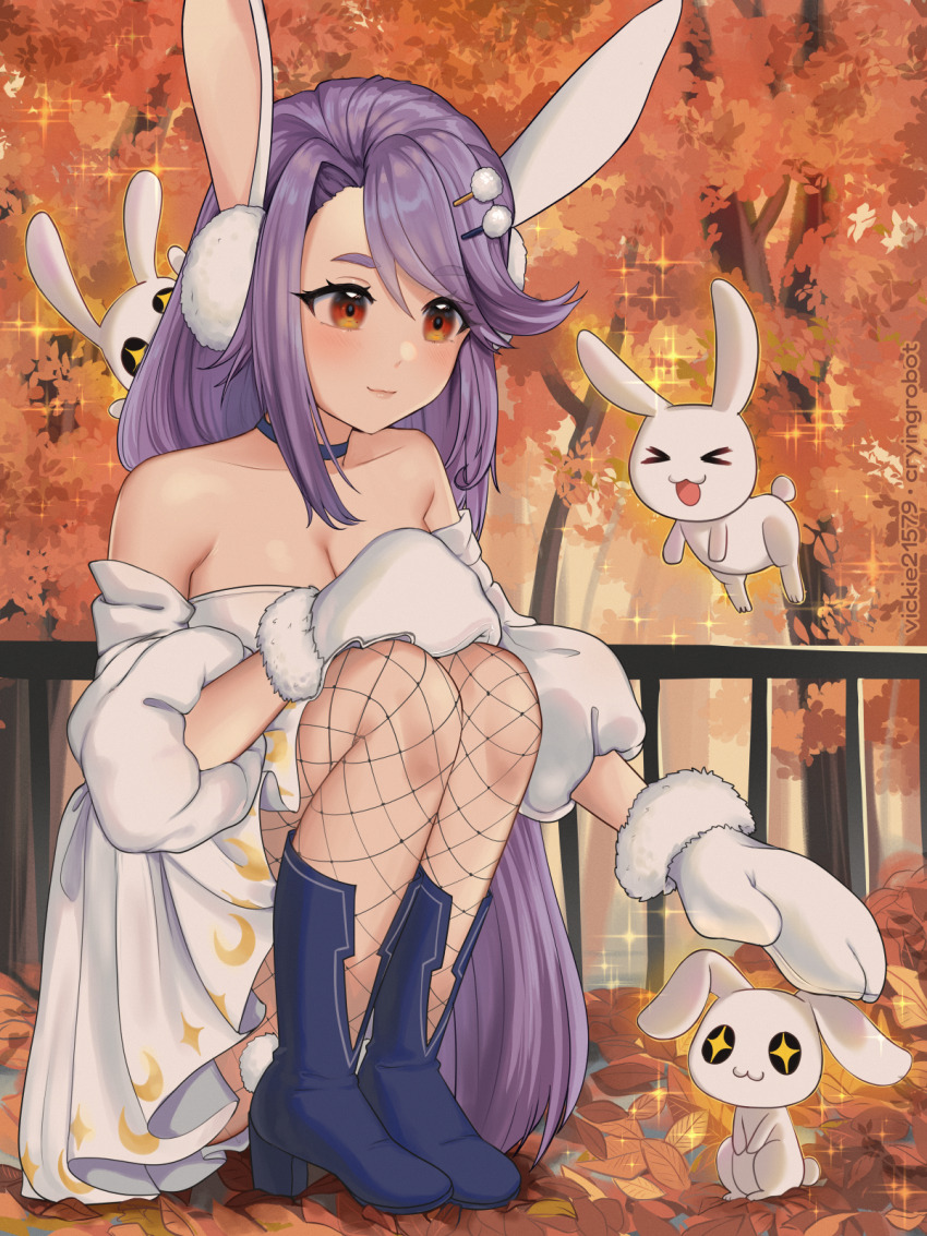 >_<, 1girl, animal_ears, autumn_leaves, blue_footwear, breasts, dominiel_(epic_seven), dress