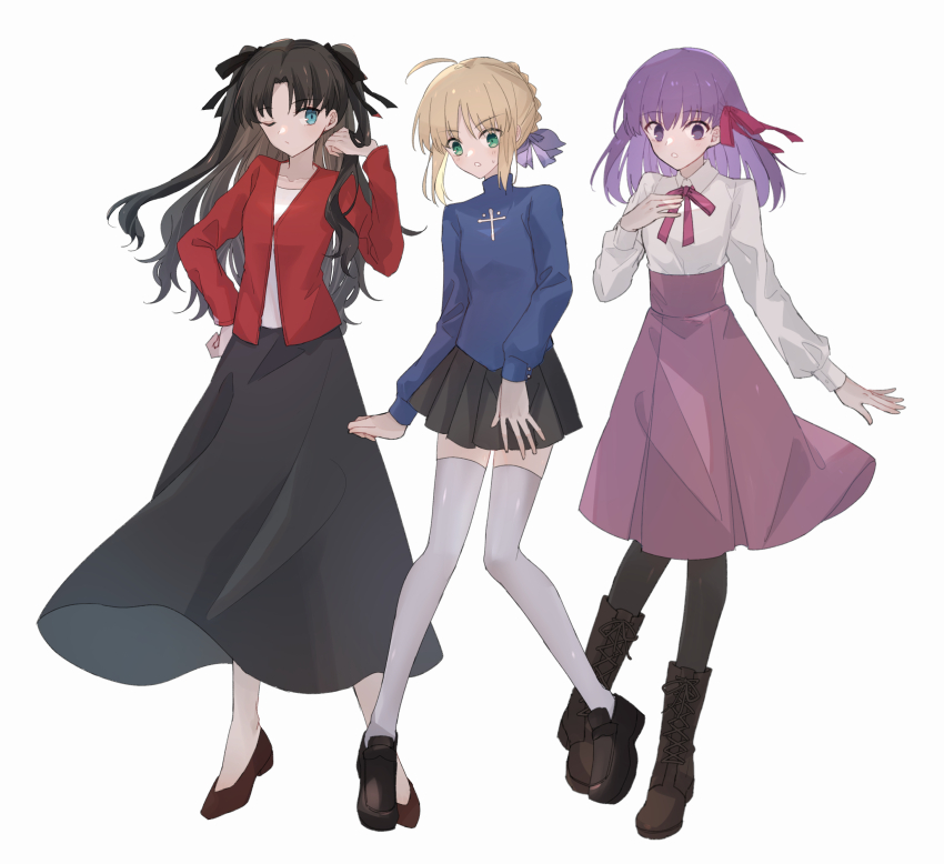 3girls, absurdres, ahoge, artoria_pendragon_(fate), black_footwear, black_pantyhose, black_ribbon, black_skirt