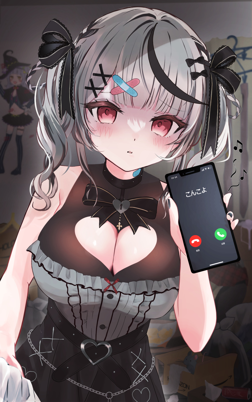 1girl, absurdres, bandaid, bandaid_hair_ornament, bandaid_on_neck, belt, black_belt, black_bow