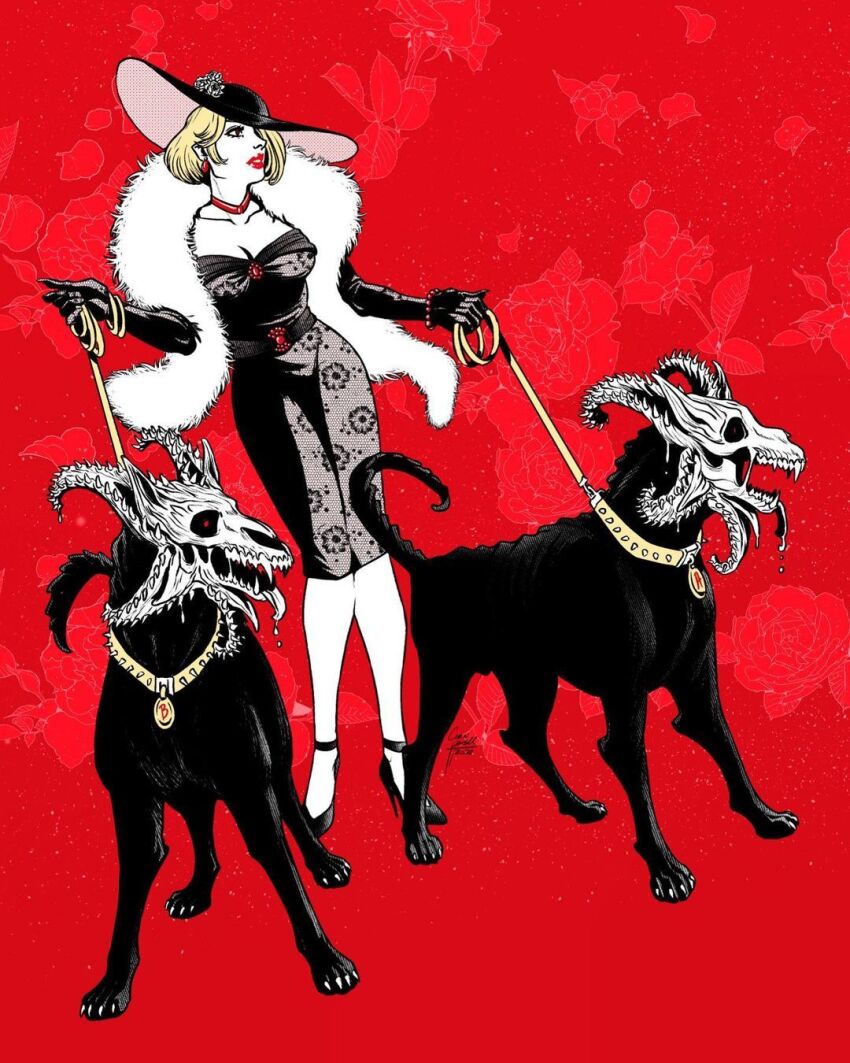 1girl, animal, black_footwear, black_gloves, black_headwear, blonde_hair, bracelet, breasts, choker, cleavage, corin_m_howell, demon, dog, dress, dutch_angle, elbow_gloves, floral_print, gloves, high_heels, highres, holding, holding_leash, jewelry, large_breasts, leash, lipstick, looking_to_the_side, makeup, medium_breasts, original, red_background, red_choker, red_lips, short_hair, signature, standing