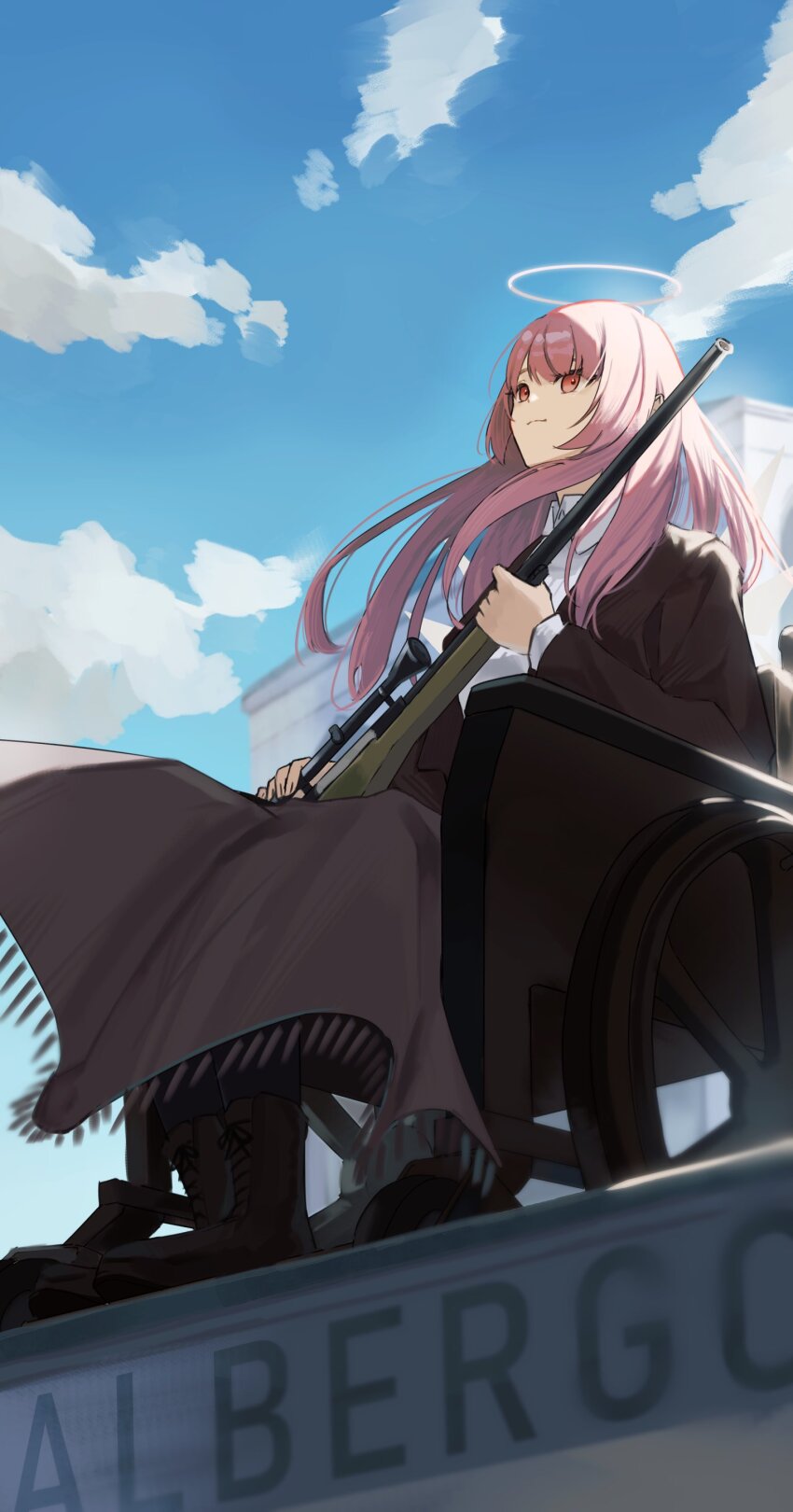 1girl, absurdres, arknights, black_jacket, blanket, blue_sky, blunt_ends, cloud