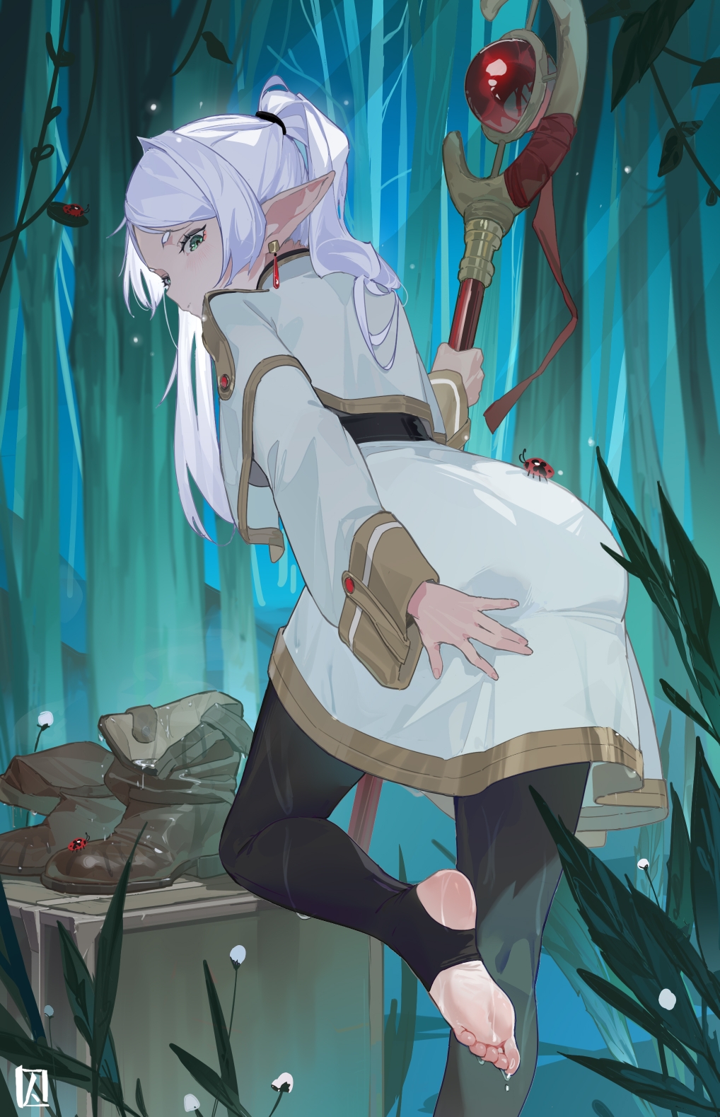 1girl, barefoot, boots, brown_boots, bug, feet, frieren, green_eyes, highres, insect, ladybug, long_hair, looking_back, mage_staff, pointy_ears, qiu_shu, shoes, soles, sousou_no_frieren, staff, stirrup_legwear, toeless_legwear, toes, twintails, unworn_boots, unworn_shoes, wet, white_hair