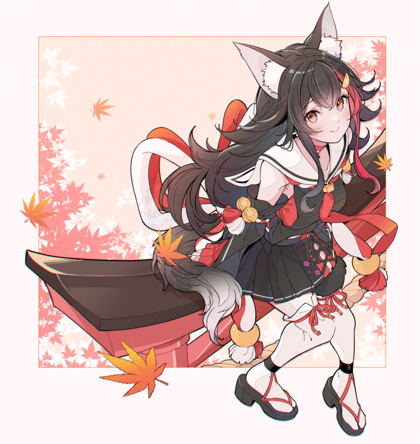 1girl, absurdres, animal_ear_fluff, animal_ears, autumn_leaves, black_footwear, black_hair, black_serafuku