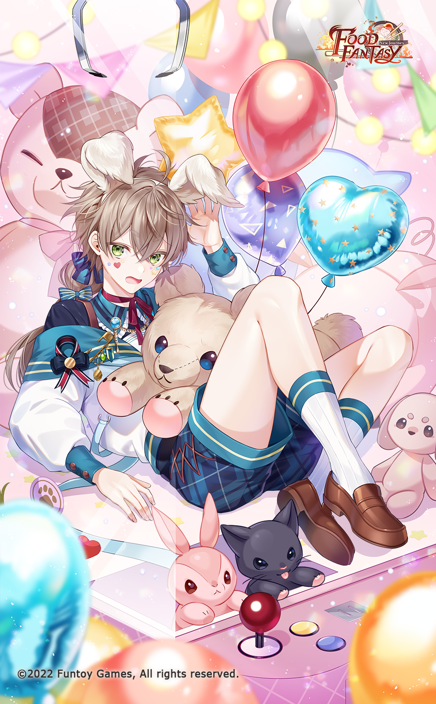 1boy, :p, ahoge, animal_ears, arcade_cabinet, arcade_stick, balloon, black_bow, black_shirt, blue_bow, blue_gem, blue_ribbon, blue_sailor_collar, blue_shorts, blurry, blurry_foreground, bow, brown_hair, brown_shoes, chain, closed_mouth, cocosuke, commentary_request, company_name, controller, copyright_name, copyright_notice, crane_game, cross-laced_clothes, cross-laced_shorts, crossed_bangs, depth_of_field, facial_mark, fake_animal_ears, food_fantasy, frilled_shirt_collar, frills, full_body, game_controller, gem, gold_chain, green_eyes, green_gem, hair_between_eyes, hair_bow, hairband, hand_up, heart, heart_balloon, heart_facial_mark, highres, joystick, knees_up, light_particles, light_rays, logo, long_hair, long_sleeves, looking_at_viewer, low_ponytail, male_focus, medal, multi-tied_hair, natto_(food_fantasy), neck_ribbon, off-shoulder_shirt, off_shoulder, official_alternate_costume, official_art, open_mouth, ponytail, puffy_long_sleeves, puffy_sleeves, purple_bow, rabbit_ears, red_ribbon, ribbed_socks, ribbon, safety_pin, sailor_collar, sailor_shirt, shirt, shoes, short_shorts, shorts, sidelocks, socks, solo, star_(symbol), star_balloon, star_facial_mark, string_of_flags, string_of_light_bulbs, striped_bow, stuffed_animal, stuffed_cat, stuffed_dog, stuffed_pig, stuffed_rabbit, stuffed_toy, teddy_bear, tongue, tongue_out, triangle, white_hairband, white_shirt, white_socks, wing_collar
