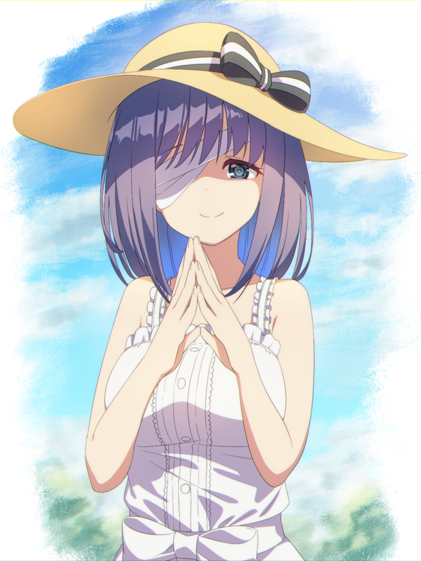 1girl, alternate_costume, baasaku_(balasaku24), bandage_over_one_eye, black_bow, blue_eyes, blue_hair, blurry