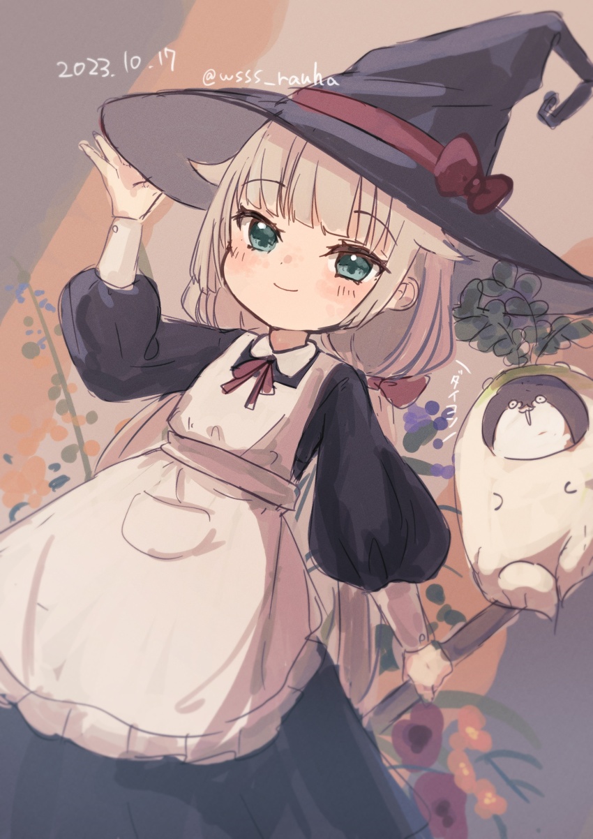 1girl, absurdres, alternate_costume, apron, black_dress, black_headwear, bokukawauso, child, daikon_costume, dress, green_eyes, grey_hair, halloween_costume, hat, highres, kantai_collection, long_hair, low_twintails, mikura_(kancolle), otter, twintails, white_apron, witch_hat, wss_(nicoseiga19993411)