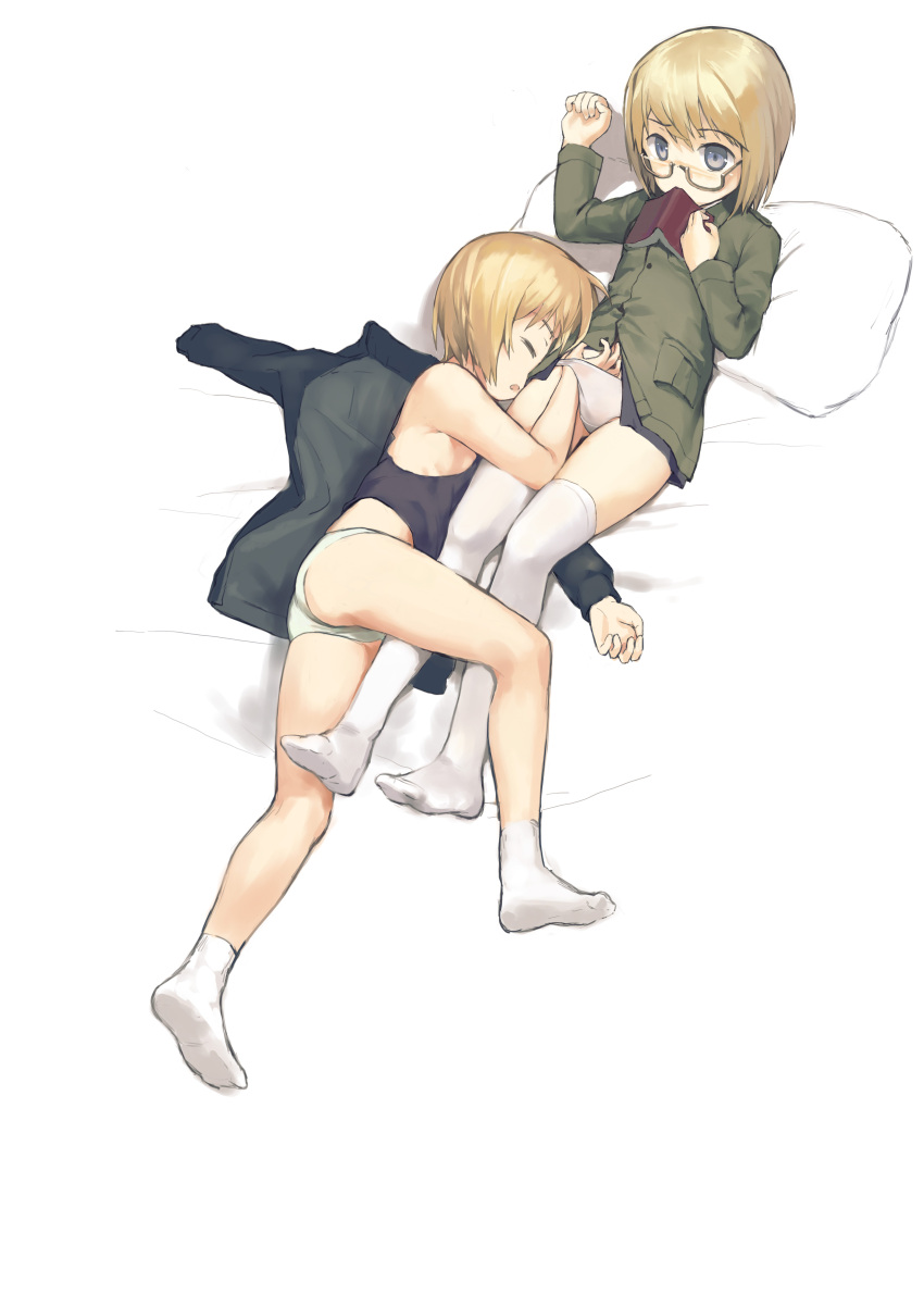 2girls, absurdres, blonde_hair, blue_eyes, book, closed_eyes, erica_hartmann, green_panties