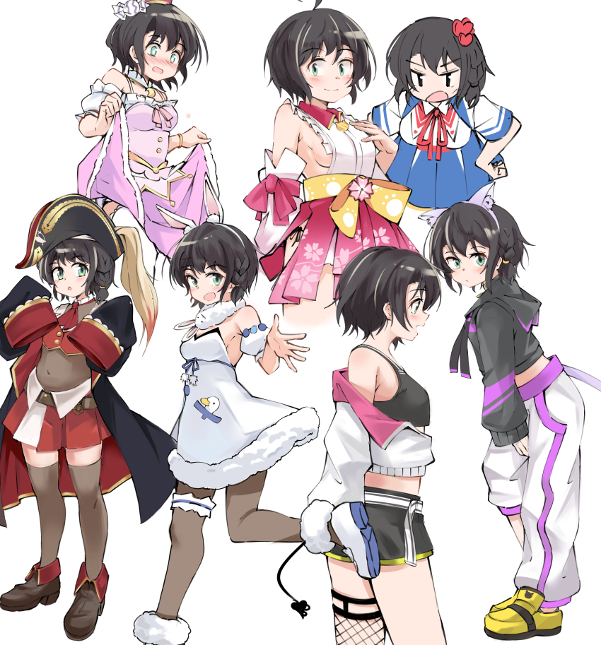 absurdres, akai_haato, akai_haato_(1st_costume), akai_haato_(cosplay), black_hair, blue_eyes, blush, clothes_lift