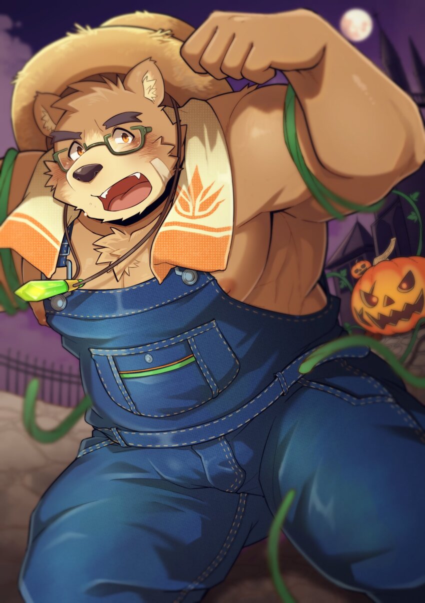 1boy, animal_ears, bandaid, bara, bear, bear_boy, bear_ears, blue_overalls