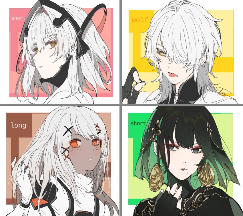 1boy, 3girls, alternate_hairstyle, black_dress, black_gloves, black_hair, bodysuit, brown_eyes