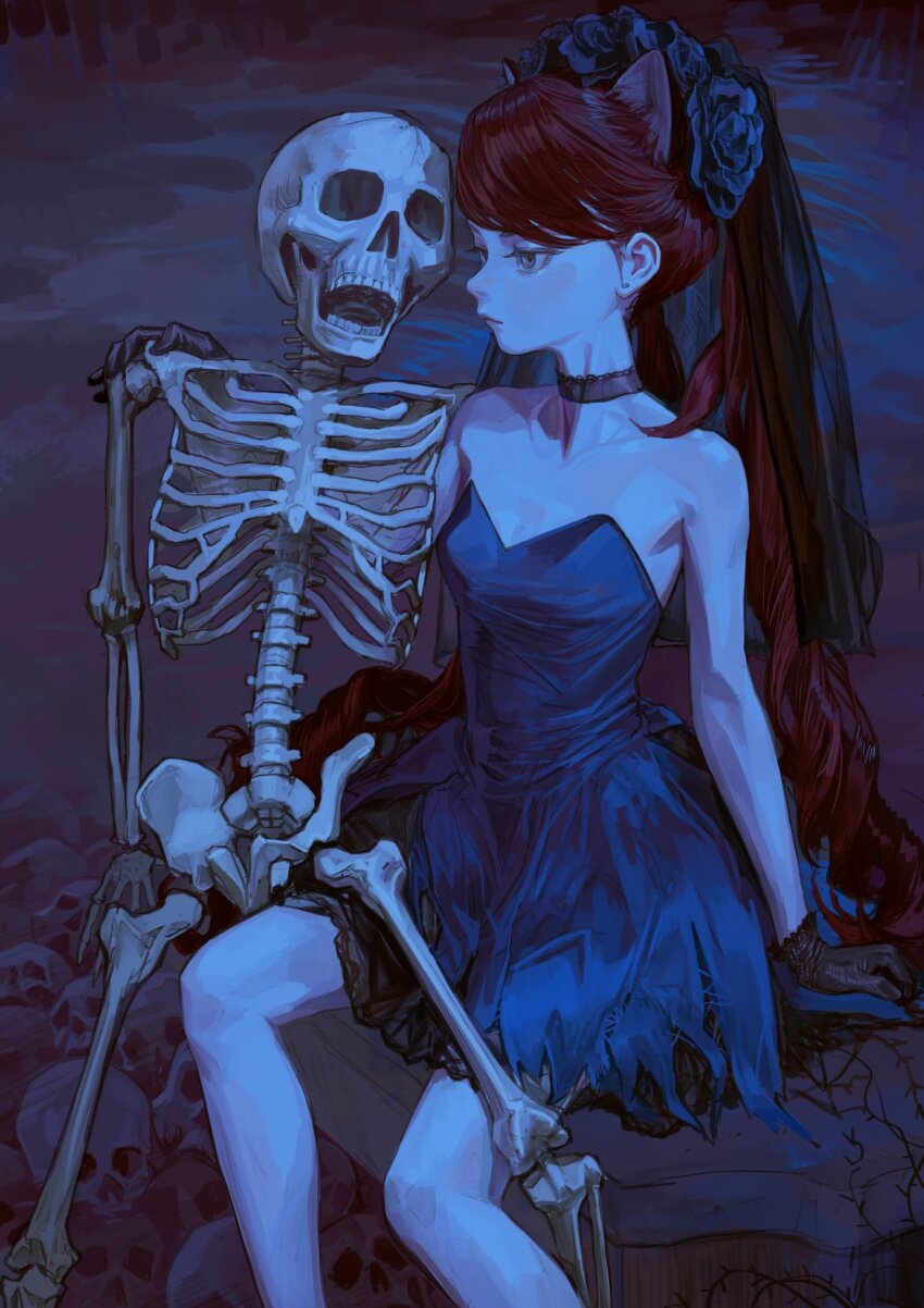 1girl, animal_ears, bare_shoulders, black_choker, black_gloves, blue_dress, breasts, cat_ears