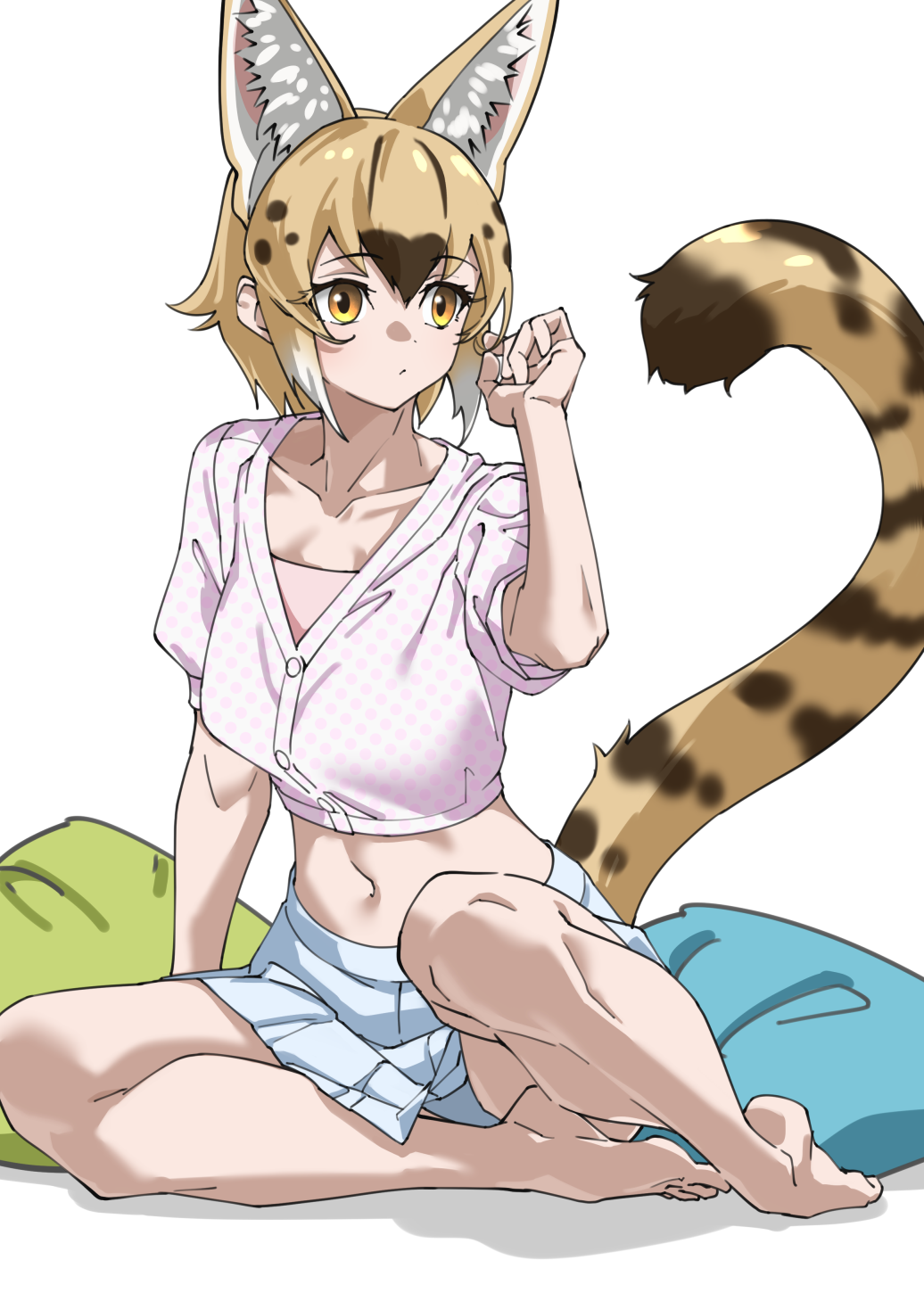 1girl, animal_ears, animal_print, bare_legs, barefoot, blonde_hair, blue_panties, blue_skirt, brown_hair, cat_ears, cat_girl, cat_tail, commentary, extra_ears, grey_background, hair_between_eyes, highres, kemono_friends, midriff, miniskirt, multicolored_hair, navel, panties, pantyshot, pillow, plantar_flexion, pleated_skirt, polka_dot, polka_dot_shirt, serval_(ex4)_(kemono_friends), shirt, short_sleeves, sidelocks, simple_background, sitting, skirt, solo, tail, tanabe_(fueisei), underwear, upskirt, white_shirt, yellow_eyes, yokozuwari