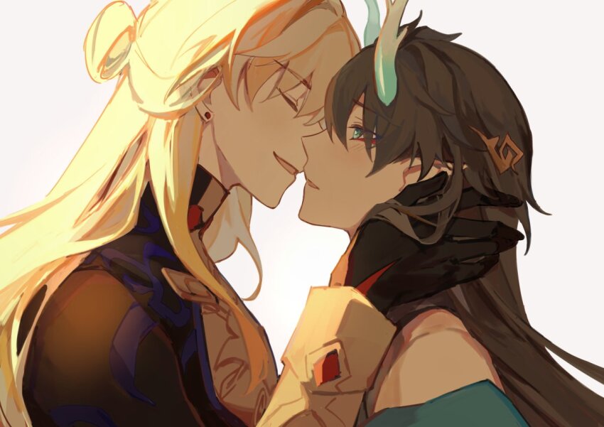 black_gloves, black_hair, blade_(honkai:_star_rail), chinese_clothes, closed_eyes, couple, dan_heng_(honkai:_star_rail), dan_heng_(imbibitor_lunae)_(honkai:_star_rail)