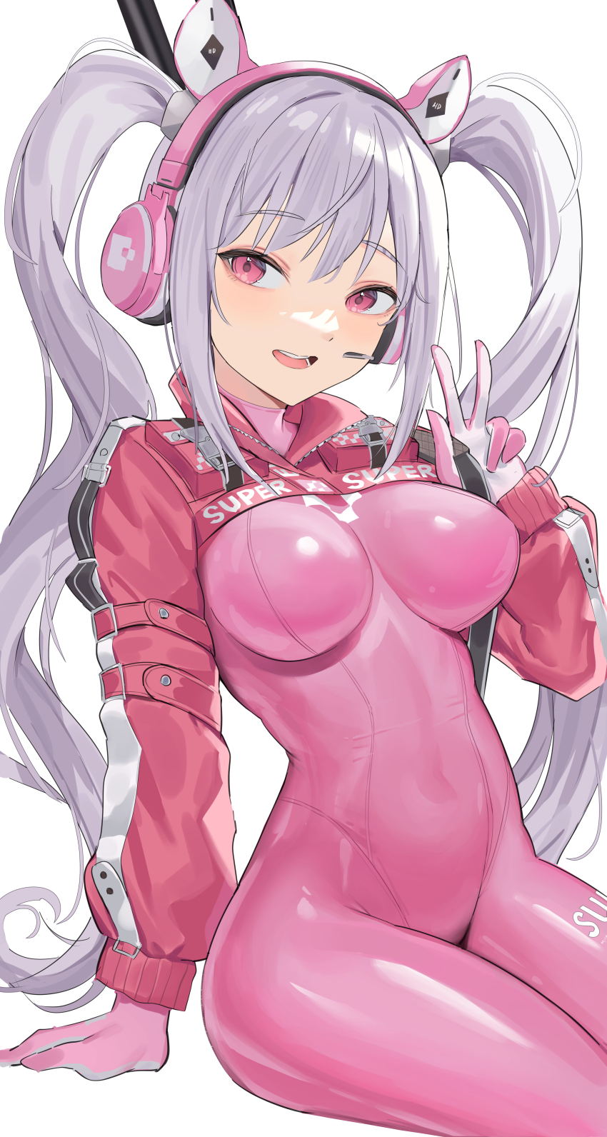 1girl, :d, absurdres, alice_(nikke), animal_ear_headphones, animal_ears, arm_support, bodysuit