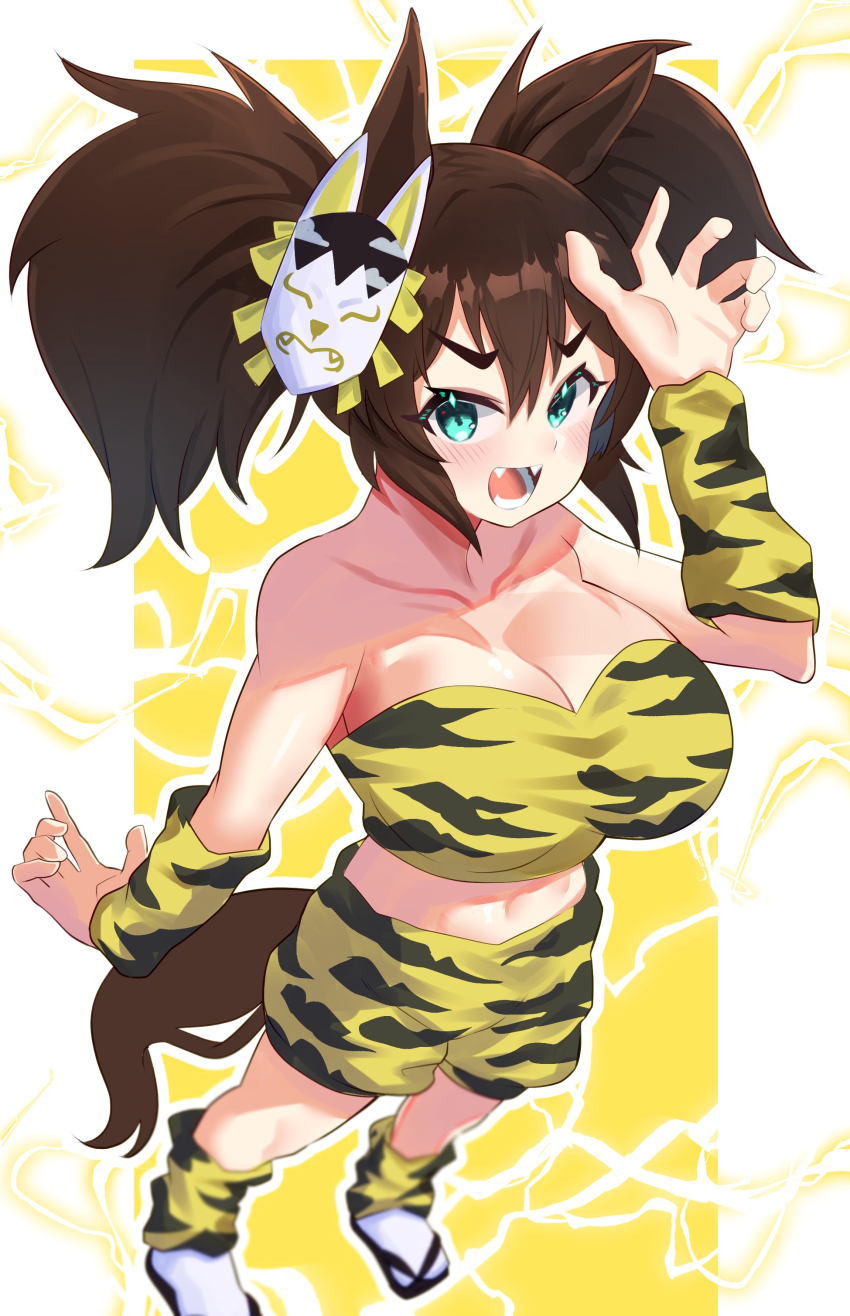 1girl, absurdres, animal_ears, aqua_eyes, blush, breasts, brown_hair, claw_pose
