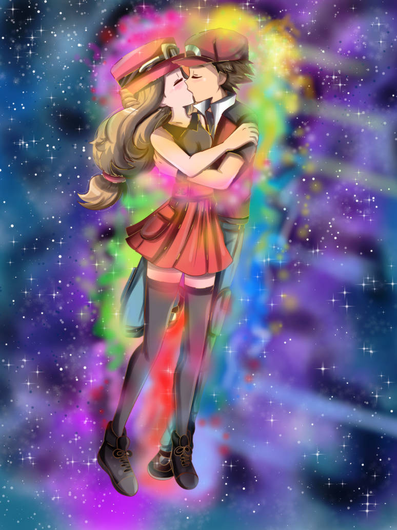 1boy, 1girl, arm_grab, bare_arms, bare_shoulders, baseball_cap, black_footwear, black_hair, black_shirt, blue_pants, blush, breasts, close-up, closed_eyes, closed_mouth, collared_shirt, commission, couple, deviantart_sample, grey_thighhighs, hat, hetero, hikariangelove, hug, image_sample, kiss, light_brown_hair, long_hair, low-tied_long_hair, medium_breasts, neck, nintendo, pants, pink_headwear, pleated_skirt, pokemon, pokemon_firered_and_leafgreen, pokemon_x_and_y, rainbow_aura, red_(pokemon), red_headwear, red_skirt, serena_(pokemon), shirt, short_hair, short_sleeves, skirt, sleeveless, sleeveless_shirt, small_breasts, space, thighhighs