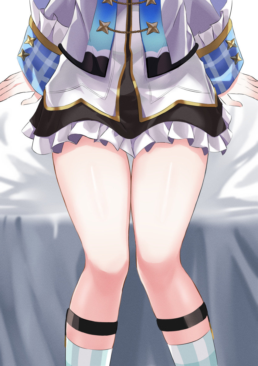 1girl, absurdres, amane_kanata, amane_kanata_(1st_costume), black_skirt, blue_socks, cropped_jacket, frilled_skirt, frills, grey_jacket, hideharu, highres, hololive, jacket, long_sleeves, skirt, sleeve_cuffs, sleeves_past_wrists, socks, solo, thighs, virtual_youtuber