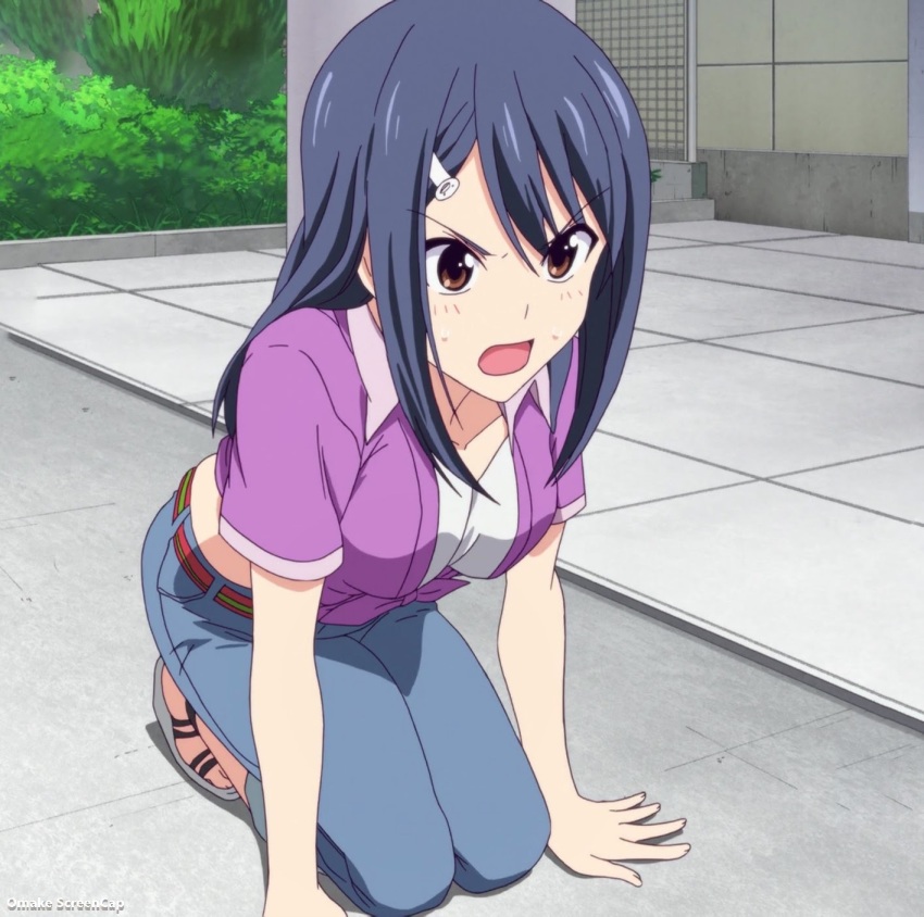 1girl, aho_girl, anime_screenshot, belt, black_hair, breasts, brick, brick_floor