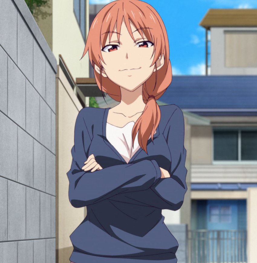 1girl, aho_girl, anime_screenshot, arms_under_breasts, blue_sky, blurry, blurry_background, blurry_foreground