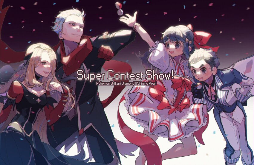 2boys, 2girls, absurdres, ascot, black_dress, blonde_hair, blue_hair, collarbone