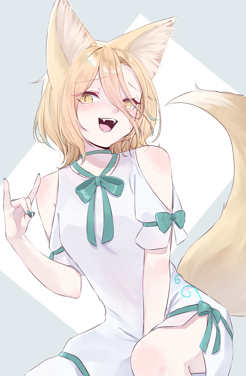 1girl, absurdres, adapted_costume, animal_ears, blonde_hair, blush, fangs, fingernails