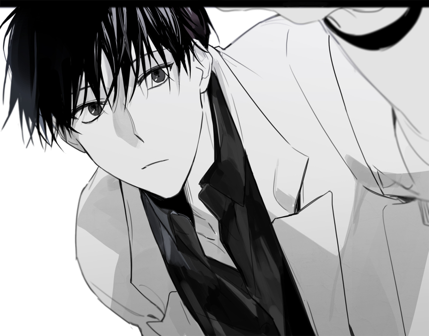 1boy, black_eyes, black_hair, black_shirt, closed_mouth, coat, collared_shirt, greyscale