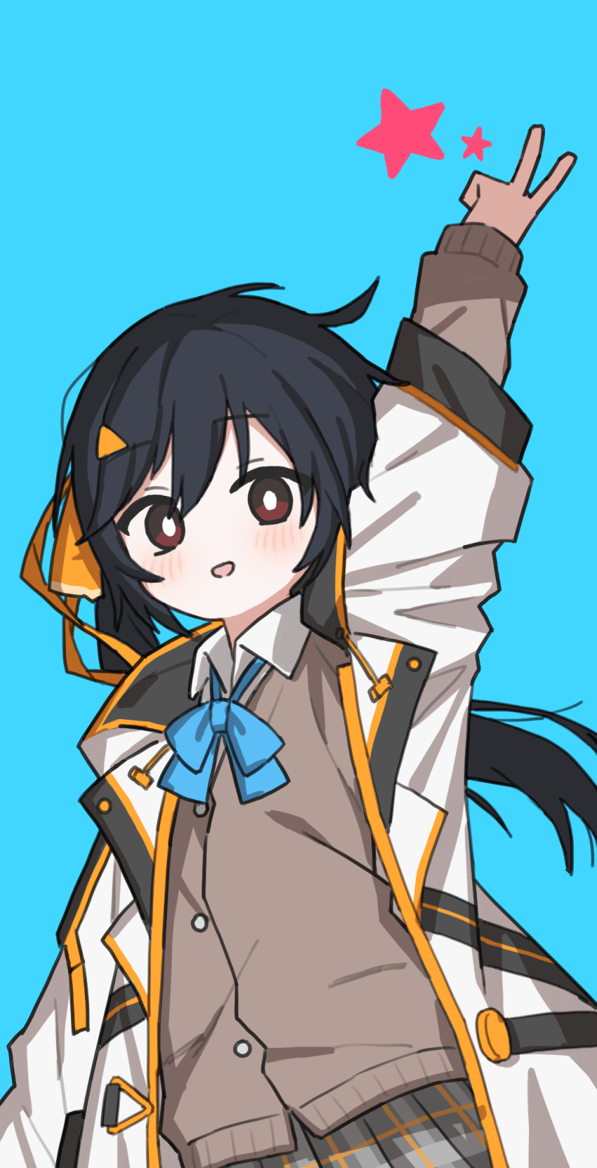 1girl, arm_up, black_coat, black_hair, blue_background, blue_bow, blue_bowtie, blush, bow, bowtie, bright_pupils, brown_cardigan, cardigan, chinese_commentary, coat, collared_shirt, commentary_request, cowboy_shot, floating_hair, grey_skirt, hair_ornament, hair_ribbon, hairclip, highres, long_hair, long_sleeves, looking_at_viewer, loose_bowtie, lurenjia, multicolored_coat, nagase_yuka, open_clothes, open_coat, open_mouth, orange_ribbon, plaid_clothes, plaid_skirt, pleated_skirt, ribbon, riot_music, shirt, side_ponytail, simple_background, skirt, smile, solo, star_(symbol), v, virtual_youtuber, white_coat, white_pupils, white_shirt, yellow_coat