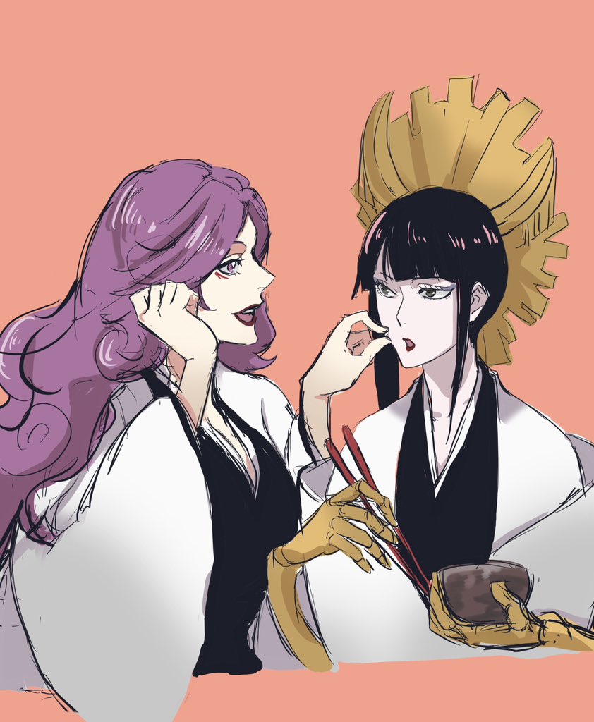 2girls, anno_im, black_hair, black_kimono, bleach, bleach:_sennen_kessen-hen, blunt_bangs, bowl