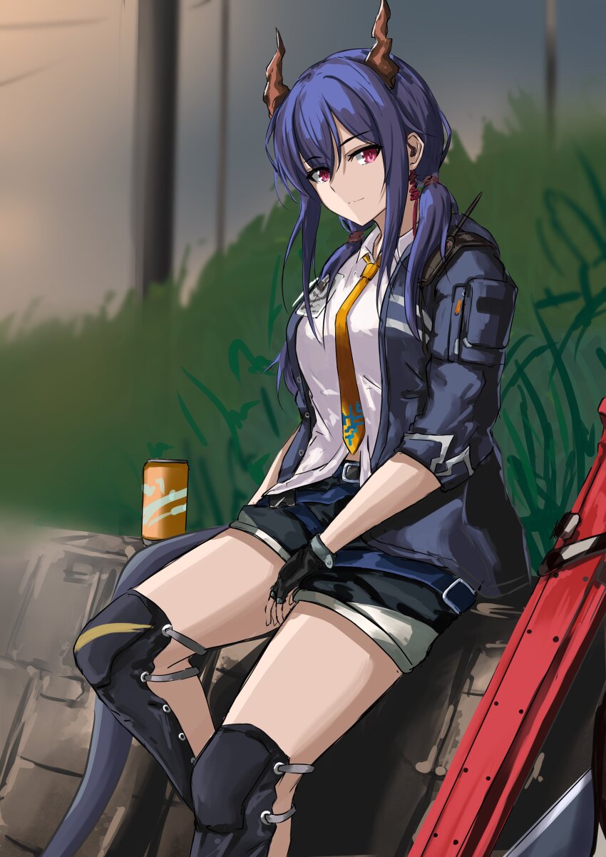 1girl, absurdres, arknights, black_gloves, black_jacket, black_shorts, blue_hair, breasts