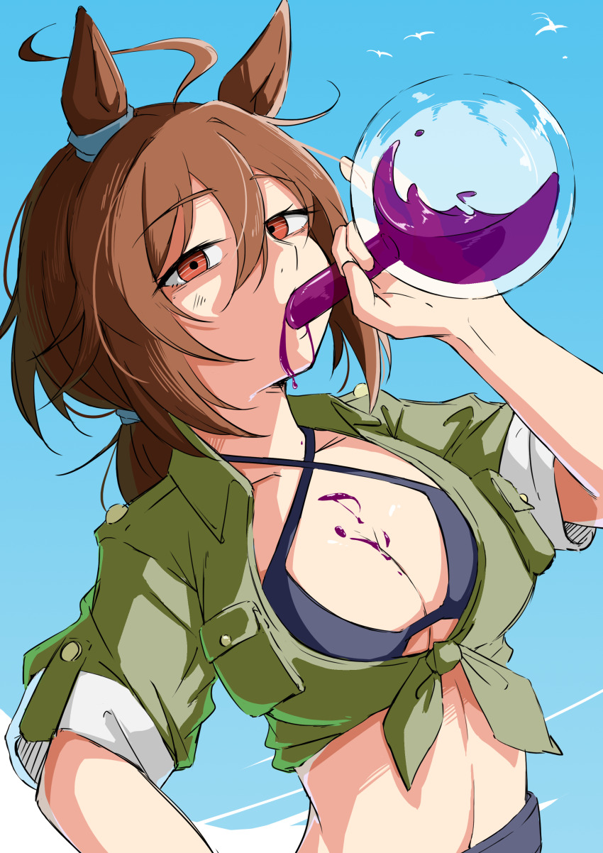 1girl, absurdres, agnes_tachyon_(lunatic_lab)_(umamusume), agnes_tachyon_(umamusume), ahoge, animal_ears, bikini, bikini_under_clothes, black_bikini, breasts, brown_hair, cleavage, criss-cross_halter, drinking, flask, green_jacket, hair_between_eyes, halterneck, hand_up, highres, horse_ears, jacket, long_hair, looking_at_viewer, ponytail, red_eyes, round-bottom_flask, short_ponytail, short_sleeves, small_breasts, solo, swimsuit, tied_jacket, umamusume, upper_body, yukito_(yukito85476)
