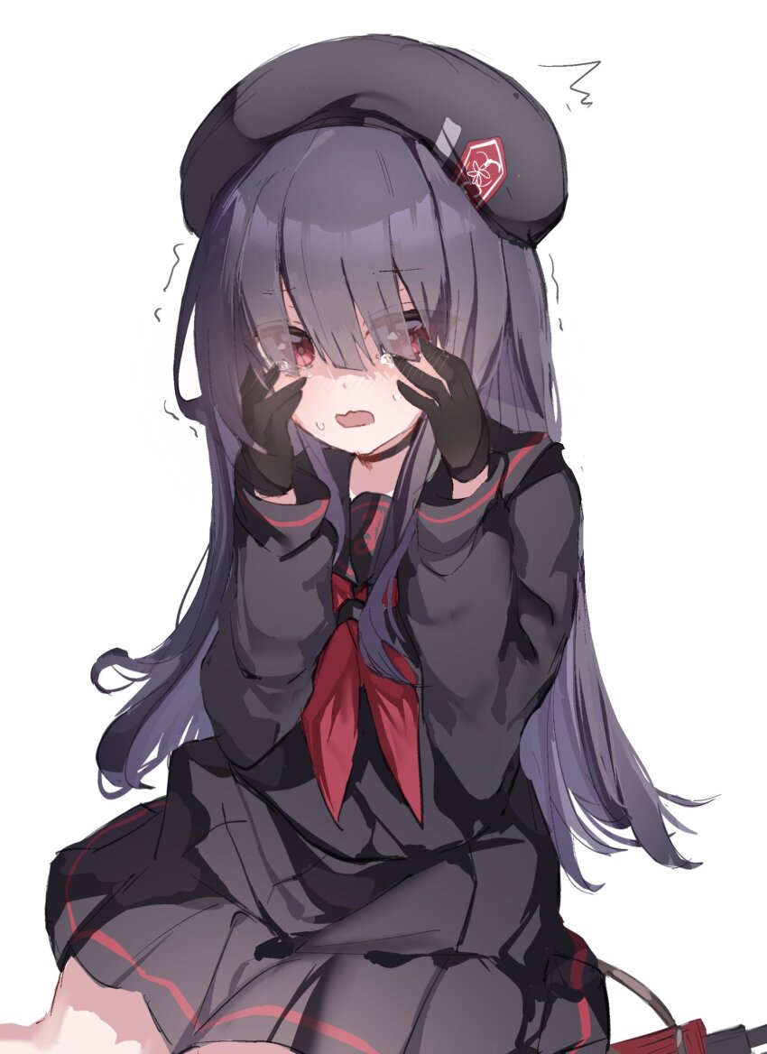 1girl, beret, black_gloves, black_hair, black_hat, black_shirt, black_skirt, blue_archive