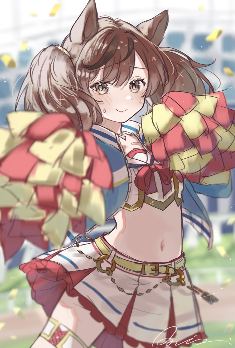1girl, animal_ears, belt, blurry, blurry_background, blush, brown_eyes, brown_hair, cheerleader, closed_mouth, commentary, confetti, cowboy_shot, hair_between_eyes, hair_ornament, highres, holding, holding_pom_poms, horse_ears, horse_girl, jacket, looking_at_viewer, midriff, navel, nice_nature_(run&amp;win)_(umamusume), nice_nature_(umamusume), official_alternate_costume, pom_pom_(cheerleading), pom_poms, raria_(reisui25_raria), signature, smile, solo, twintails, umamusume