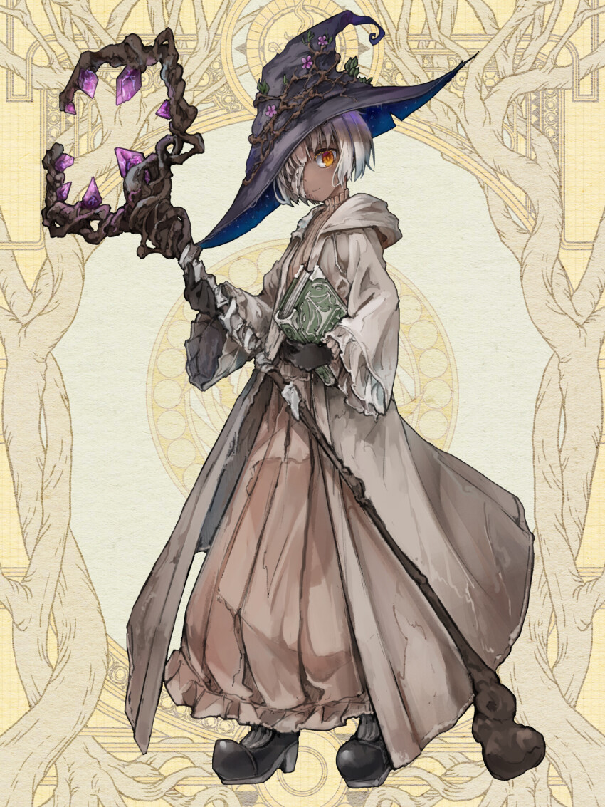1girl, bandage_over_one_eye, black_footwear, black_gloves, black_hat, book, brown_dress, clara_lindvall, closed_mouth, crystal, dairoku_ryouhei, dark-skinned_female, dark_skin, dress, flower, full_body, gloves, hat, hat_flower, highres, holding, holding_book, holding_staff, hood, hood_down, hooded_robe, kajaneko, long_dress, long_sleeves, looking_at_viewer, one_eye_covered, open_clothes, open_robe, orange_eyes, robe, short_hair, solo, staff, standing, white_hair, wide_sleeves, witch_hat, yellow_background